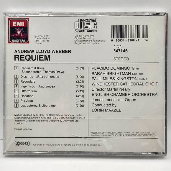 Andrew Lloyd Webber Requiem CD 1985 EMI Digital Domingo Brightman Maazel Sealed - Picture 2 of 2